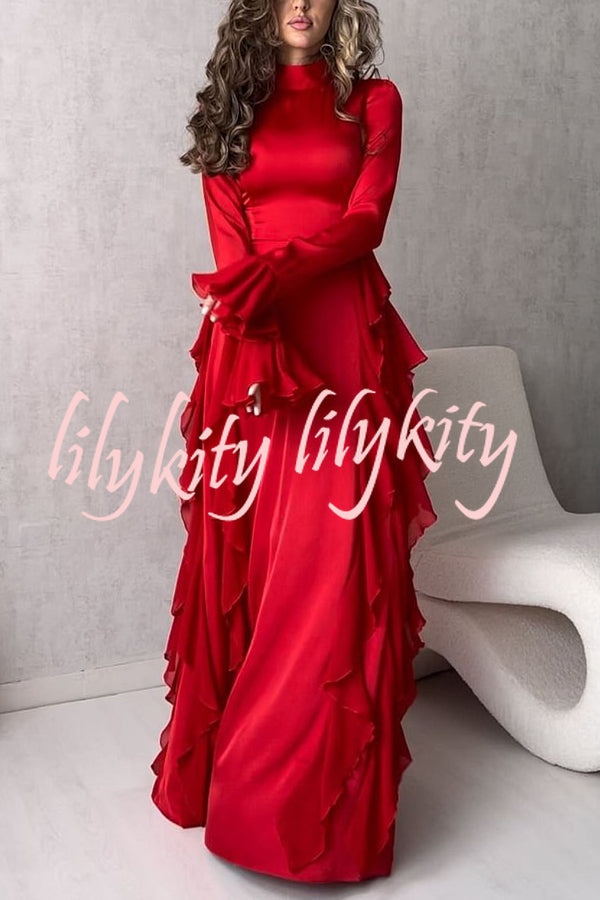 Cline Solid Color High Neck Long Sleeve Elegant Ruffles Maxi Dress