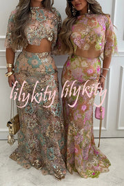 Fashionable Embroidered Flower Sequined Crop Top and Elegant Sheer Maxi Skirt Set
