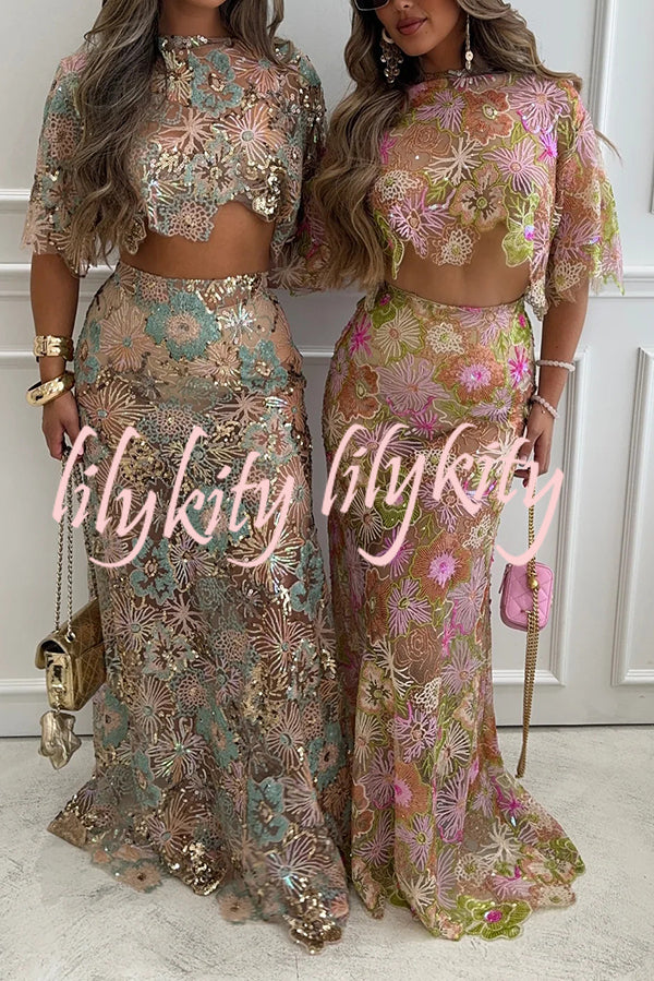 Fashionable Embroidered Flower Sequined Crop Top and Elegant Sheer Maxi Skirt Set