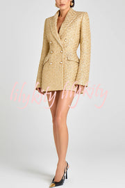 Heels Click Tweed Fabric Pearl Button Long Sleeve Lapel Blazer Mini Dress