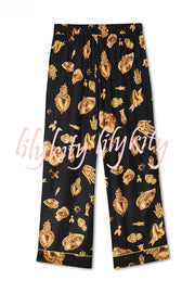 Golden Night Unique Print Color-block Trim Loose Shirt and Elastic Waist Pocketed Pajama Set