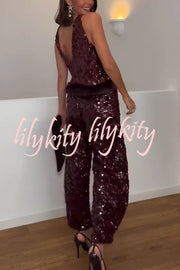 Gala Goddess Sequin Faux Fur Trim Crew Neck Sleeveless Loose Top