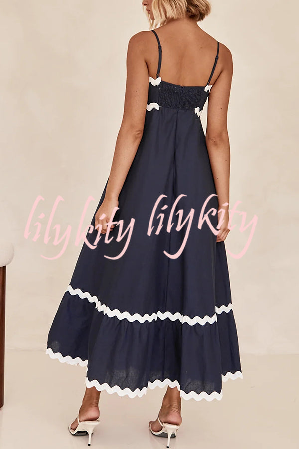 Bayside Beauty Wave Trim Patchwork Back Smocked Suspender Maxi Dress