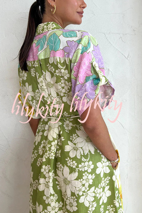 Travel Effortlessly Linen Blend Floral Patchwork Shirt Midi Dress