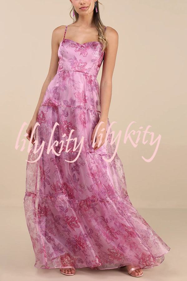 Exclusive Glamour Organza Floral Print Tiered Slip Maxi Dress