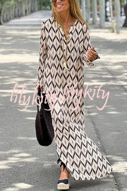 Unique Printed Long Sleeve V-neck Loose Maxi Dress