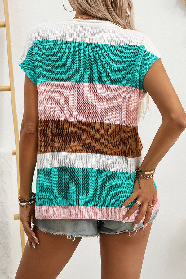 Fashionable Contrasting Color Casual Short-sleeved Loose Sweater