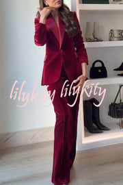 Delicate Daze Velvet Satin Lapel Button Up Long Sleeve Tapered Waist Blazer