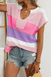 Fashionable Contrasting Color Casual Short-sleeved Loose Sweater