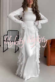 Cline Solid Color High Neck Long Sleeve Elegant Ruffles Maxi Dress