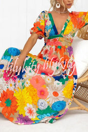 Floral Frenzy Printed Puff Sleeve Back Smocked Maxi Dress