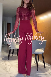 Seleia Tulle Sequin Patchwork Long Sleeve Wide Leg Stretch Jumpsuit