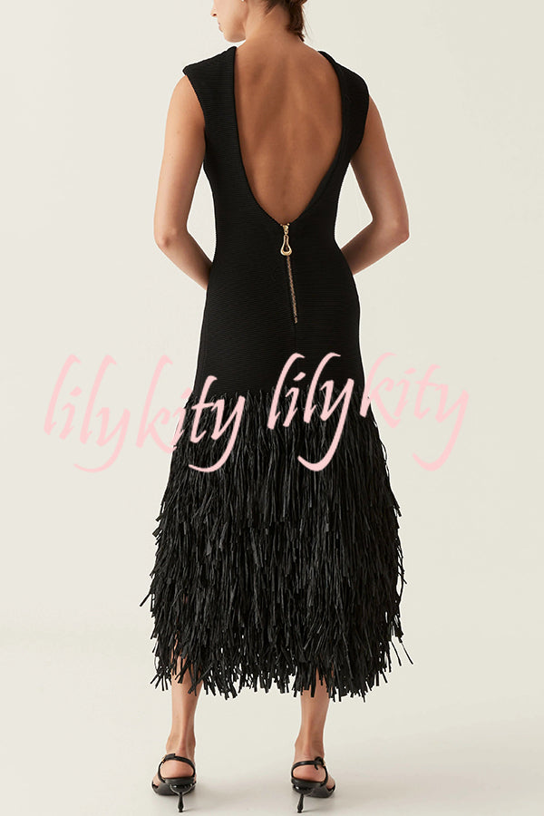 Christie Ribbed Patchwork Tiered Fringed Hem Zipper Backless Maxi Dress