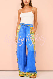 Nara Satin Unique Print Side Lace-up Tank and Elastic Waist Pocketed Wide Leg Pants Set