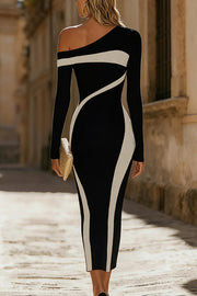 Stylish Color-blocked Long-sleeved Slim-fit Knit Maxi Dress