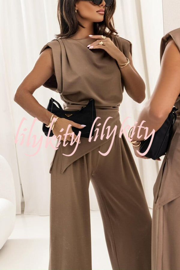 Jordy Ruched Shoulder Slit Top and Elastic Waist Pocketed Wide Leg Pants Set