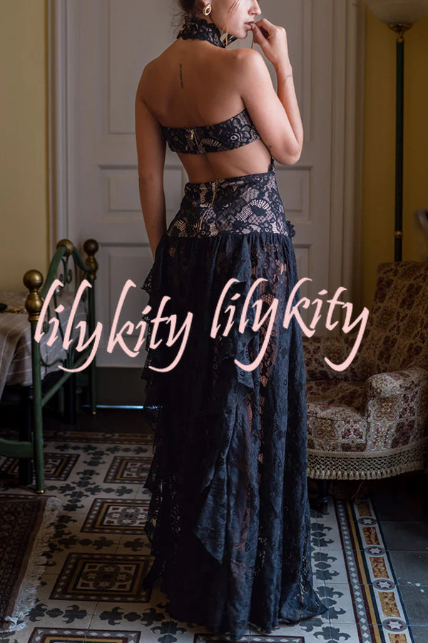 A Girls' Trip Lace High Neck Cutout Drop Waist Ruffles Maxi Dress