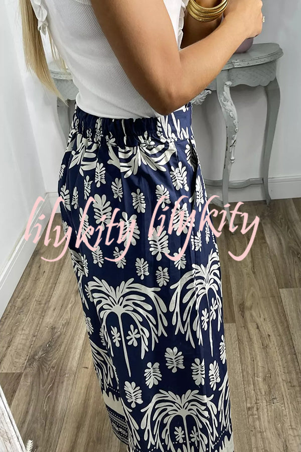 Unique Print Elastic Waist Loose Pocket Holiday Wide Leg Pants