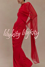 Fashionable Mesh Shawl Sleeveless Slim Fit Pleated Maxi Dress