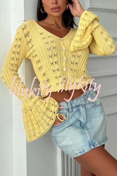 Fashion Hollow Button Long Sleeve V-neck Knitted Cardigan