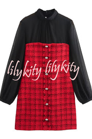 Festive Elegance Tulle Plaid Tweed Patchwork Balloon Sleeve Mini Dress