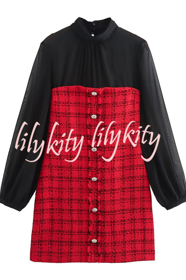 Festive Elegance Tulle Plaid Tweed Patchwork Balloon Sleeve Mini Dress