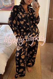 Golden Night Unique Print Color-block Trim Loose Shirt and Elastic Waist Pocketed Pajama Set