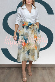 Jiles Linen Blend Unique Contrast Print Long Sleeve Tie-up Pocket Shirt Midi Dress