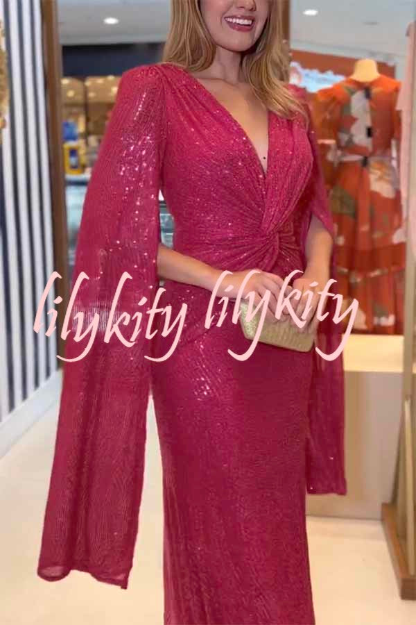 Shine Brighter Sequin Cape Sleeve Cross Waist Evening Maxi Dress