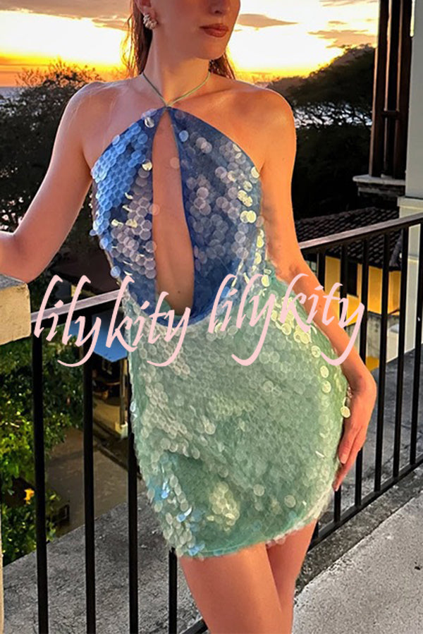 Fashion Sexy Sequined Backless Halter Neck Slim Fit Mini Dress