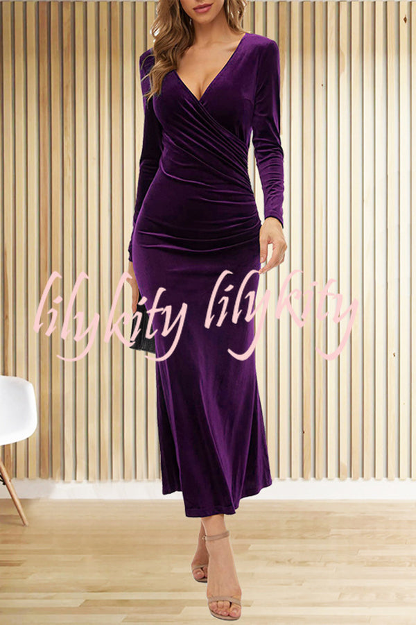 Solid Color Velvet Long Sleeve V-neck Slim Fit Fishtail Maxi Dress