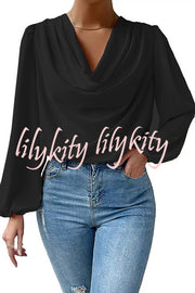 Simple and Beautiful Satin Cowl Drape Neck Long Sleeved Shirt