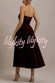 Center of Attention Velvet Satin Neck Bandeau Pleated Midi Dress