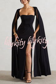 Elegant Goddess Square Neck Twisted Cape Sleeve Slit Maxi Dress