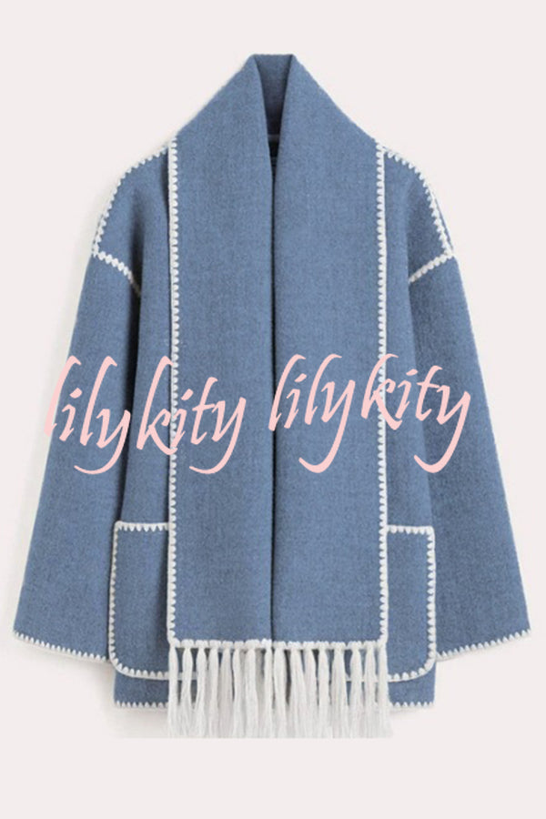 Stylish Loose Pocket Long Sleeve Coat and Warm Fringed Scarf