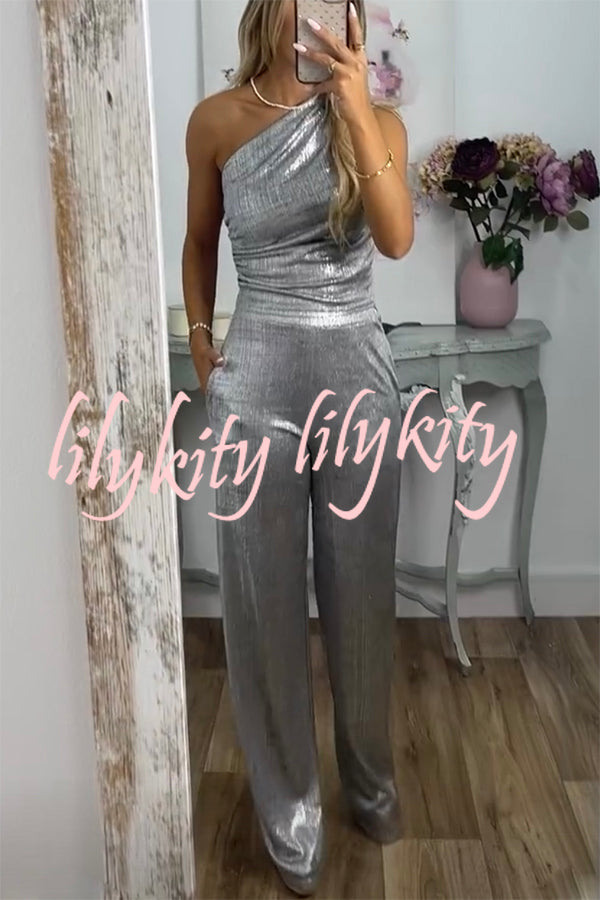 Shining Moment Metallic Fabric One Shoulder Ruched Tank and Pocketed Loose Stretch Pants Set