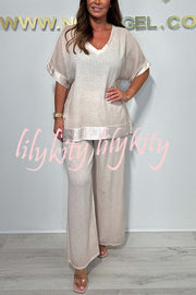 Fashionable V-neck Short-sleeved Loose Top and Elastic Waist Casual Wide-leg Pants Set