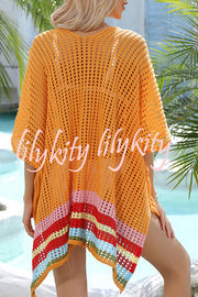 Color Block V Neck Slit Hollow Short Sleeved Knitted Cover Up