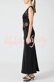 Wonderful Fusion Satin Lace Trim See-through Waist V-neck Drape Maxi Dress
