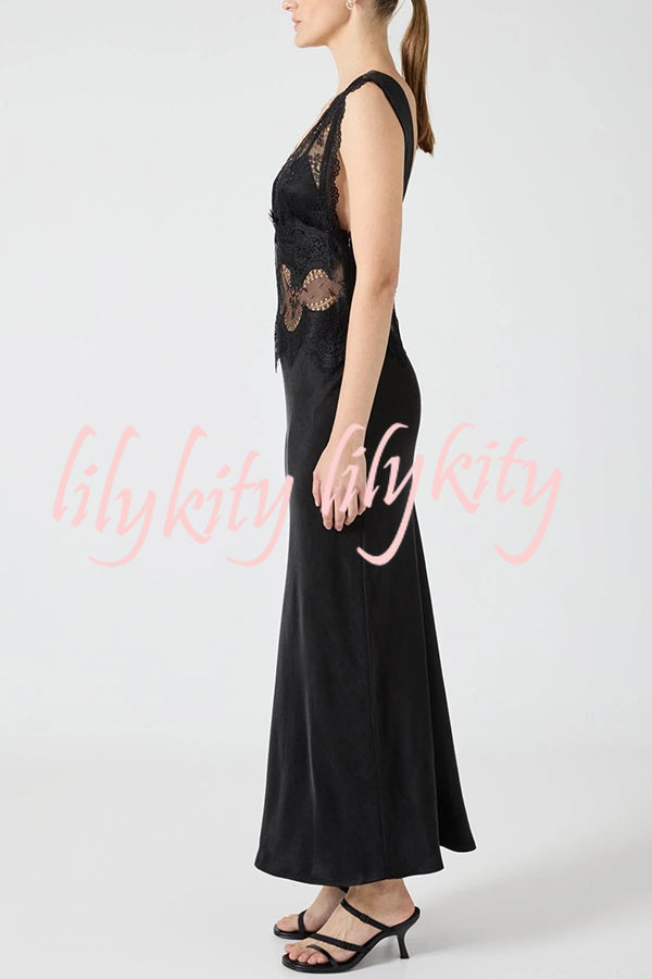 Wonderful Fusion Satin Lace Trim See-through Waist V-neck Drape Maxi Dress