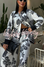 Sofia Contrast Color Flowers Print Long Sleeve Shirt and Elastic Waist Pocketed Pants Set