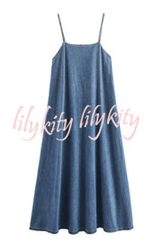 Tenaya Denim Back Elastic A-line Loose Slip Maxi Dress