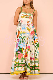 Holiday Paradise Linen Blend Unique Print Smocked Back Pocket Maxi Dress