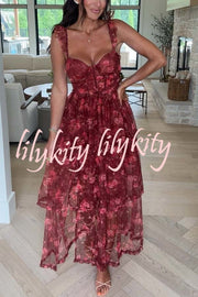 Romantic and Elegant Mesh Floral Back Smocked Tiered Ruffle Maxi Dress