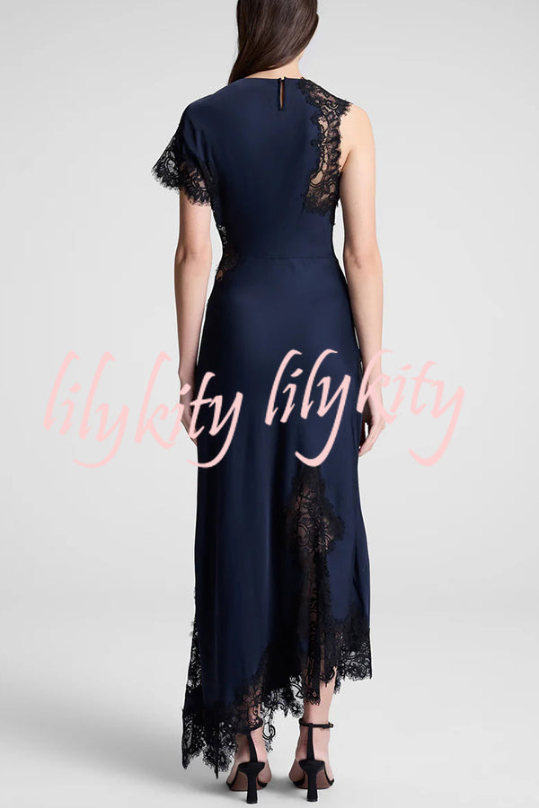 Paris Dream Satin Lace Trim Irregular Design Drape Maxi Dress