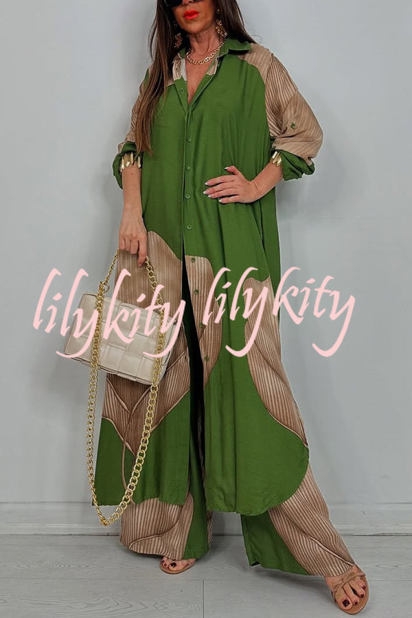 Unique Printed Casual Loose Long Shirt and Elastic Waist Pocket Wide Leg Pants Set
