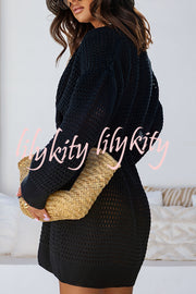 Solid Color Hollow Long Sleeve Loose Waist Tie Knitted Cardigan