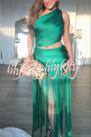Dancing Miracle One Shoulder High Waist Hollow Design Tassel Hem Drape Mini Dress