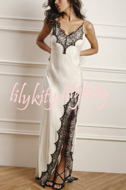 Elegant Splicing Lace Suspenders V-neck Sexy Slit Maxi Dress