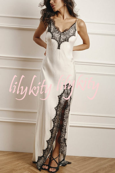 Elegant Splicing Lace Suspenders V-neck Sexy Slit Maxi Dress